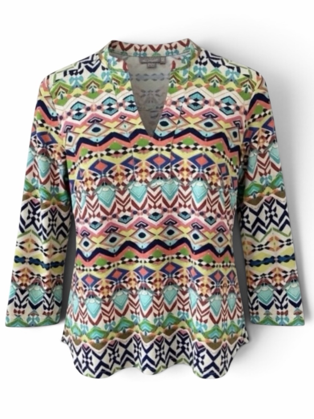 NEW Ellie Kai Multicolored Geometric Print Split Neck 3/4 Sleeve Top Size 4